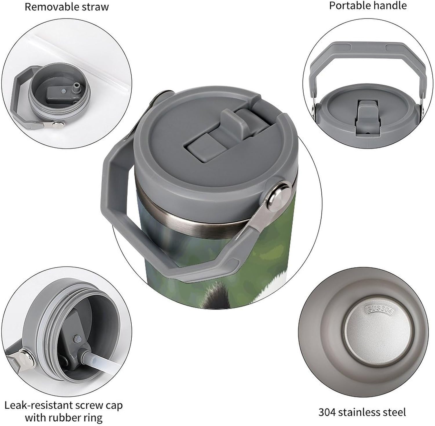 30oz Insulated Tumblers with Top Handle, Stainless Steel Panda Car Cup with Straw for Gift, Leak-Proof Double Wall Vacuum Travel Mug, Personalized Water Bottles White