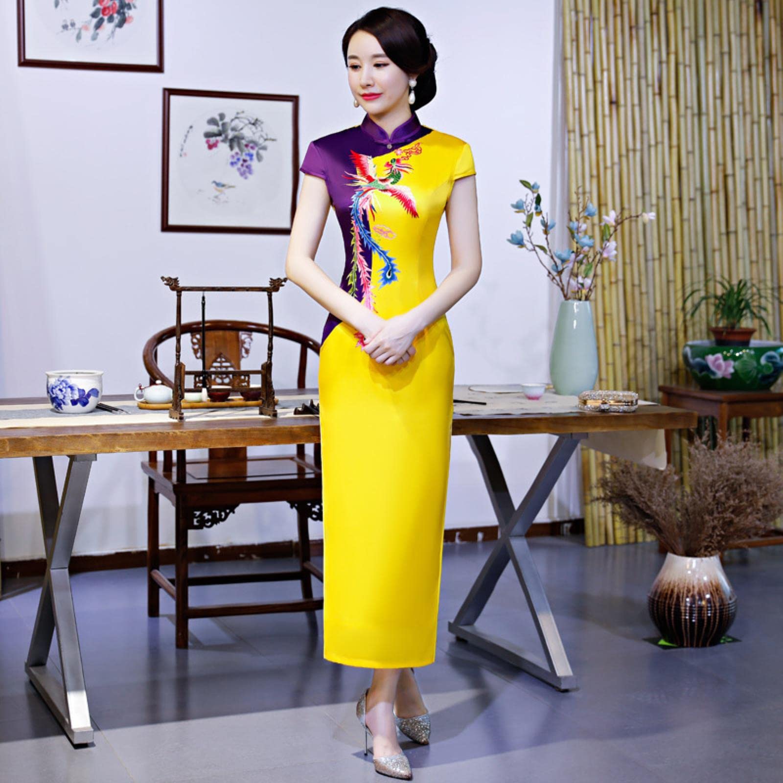 Amazon.com: REDBMX Chinese Style Formal Dress Women Silk Satin Long Qipao  Vintage Elegant Print Phoenix Cheongsam : Clothing, Shoes & Jewelry