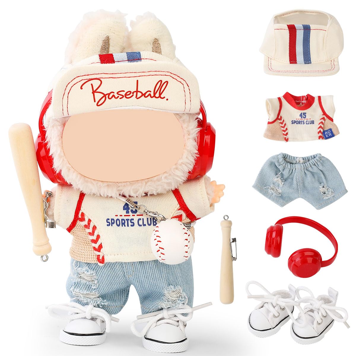 LEWOTE Clothes Set Compatible for Labubu Doll Hat Suit Ornaments Accessories Set for 17cm/6.7inch Doll (Baseball Set)
