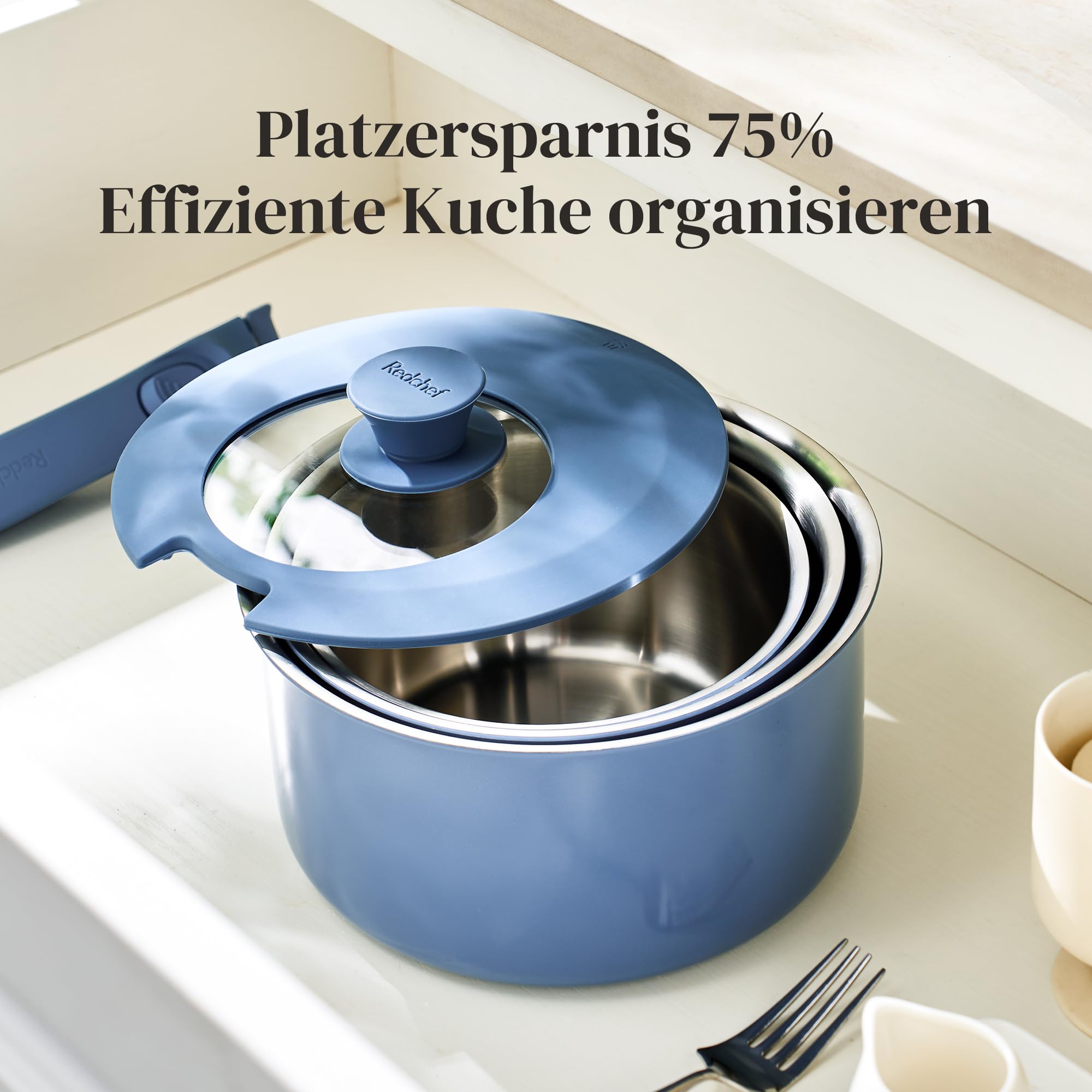Redchef Set di pentole con manici rimovibili, 5 pezzi, in acciaio inox non rivestito, 16/18/20 cm e coperchio di chiusura 3 in 1, set di pentole a induzione per tutti i tipi di fornelli, adatte al
