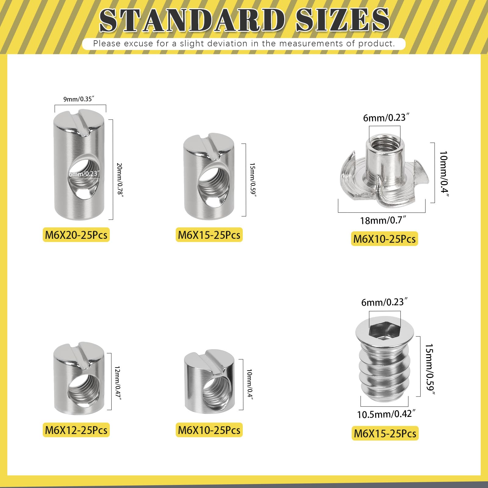 Mardatt 150PCS M6 x 10/12/15/20mm Barrel Nuts, Silver Nickel-Plated Carbon Steel Cross Dowels Slotted Barrel Nut - Image 2