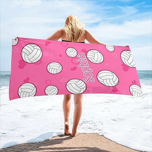 Toalla de playa personalizada con bonito patrón de voleibol, color rosa, toalla de baño de microfibra de secado rápido, 30 x 60 pulgadas, estampado