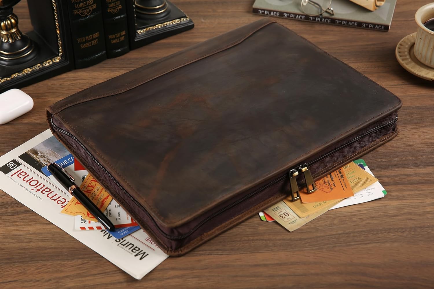 Portfolio Binder 3 Ring, Leather Binder Portfolio Folder for Left-Handed, Zippered Portfolio Padfolio Binder for Women, Leather Portfolio Organizer for Men (Dark Khaki, Non-Custom)