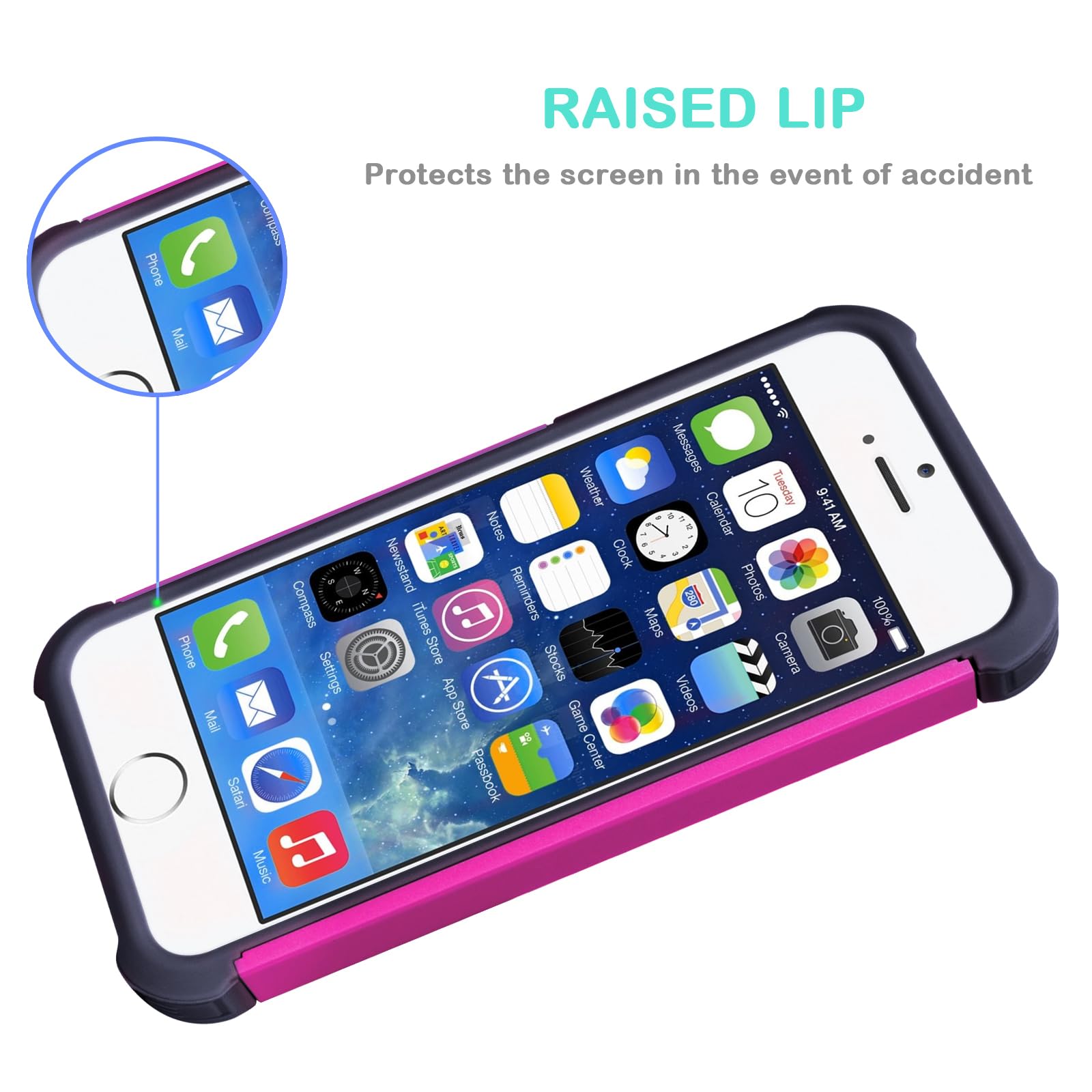 Jeylly for iPhone SE Case/iPhone 5S Cover, Shock Absorbing Hard Plastic Outer + Rubber Silicone Inner Scratch Defender Bumper Rugged Hard Case Cover for Apple iPhone SE/5S - Rose Red&Black