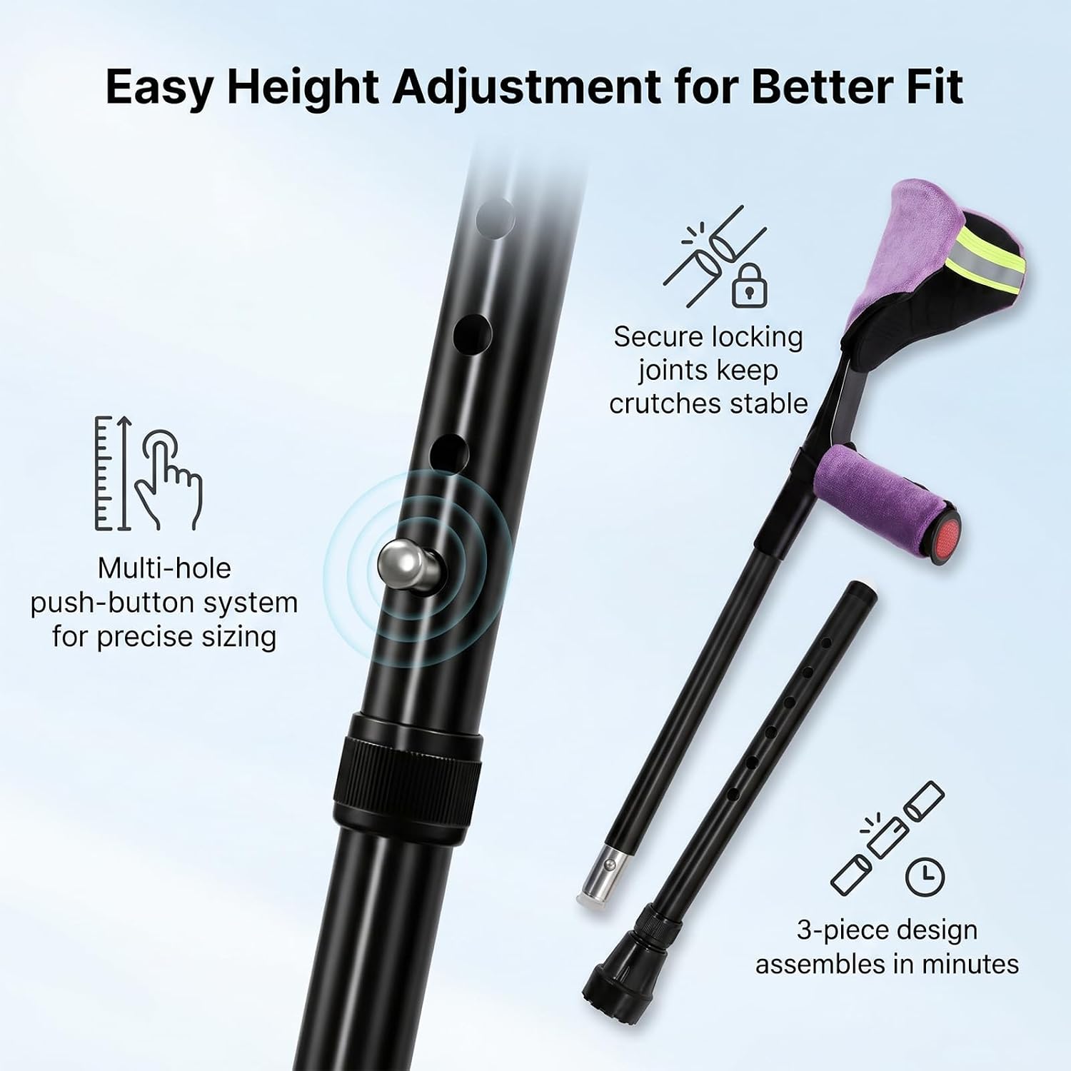 Elbow Crutch for Women Adults, Adjustable Foldable Forearm Crutch with Padded Elbow & Hand Protector, 10-Level Height, Light, Aluminum, 330 lbs, Comfort Grip for Recovery, Black Purple Cuff