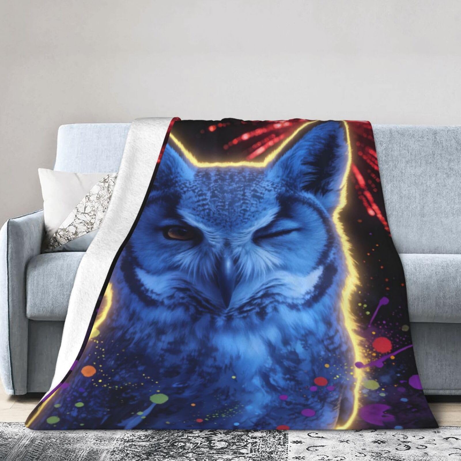 Couverture canapé chouette bleue et feux d'artifice 152x127 cm
