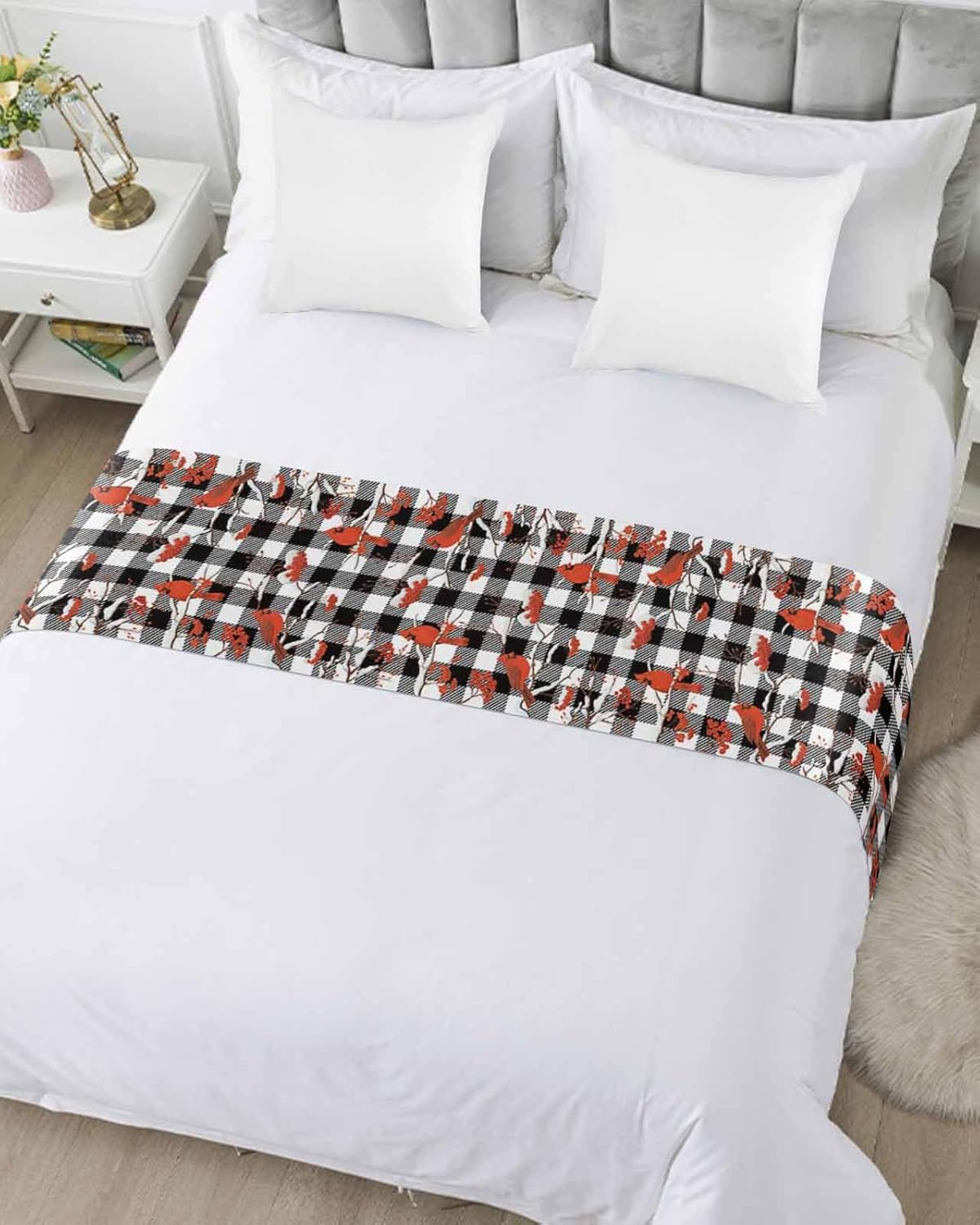 Christmas Bed Runner Scarf Christmas Winter Snow Cardinalis Black White Plaid Bedding Scarf Decorative Bed Runners Cover for Home Bedroom Hotel Wedding Room Bed Scarf for Foot of Bed Queen 83x20in