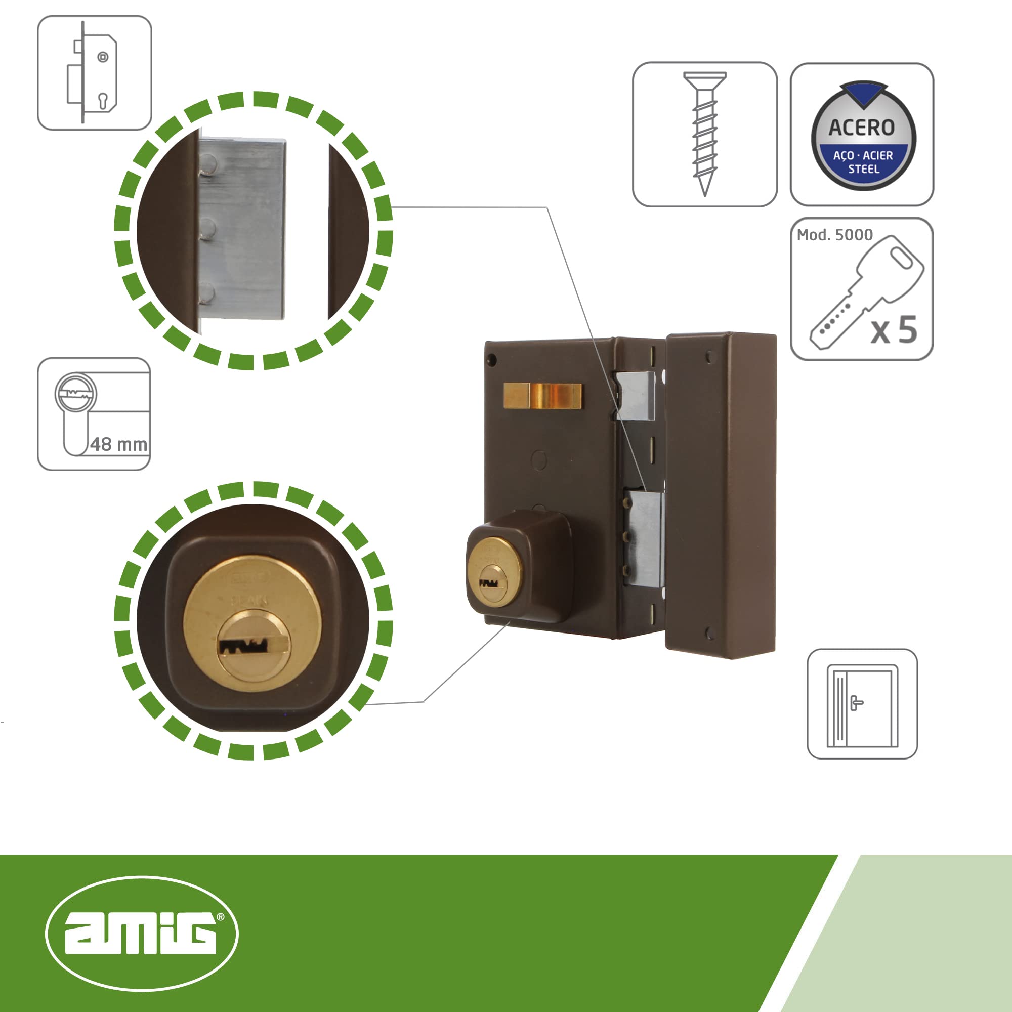 Amig - Cerradura de Sobreponer de Derecha con Palanca de Cierre - Tirador para Puertas de Madera - Mod. 75 67 x 112 mm - Cilindro Redondo de Seguridad - Acero - Marrón