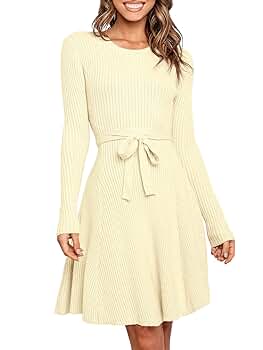 ANRABESS Women's Long Sleeve Midi Dress Crewneck Tie Waist A