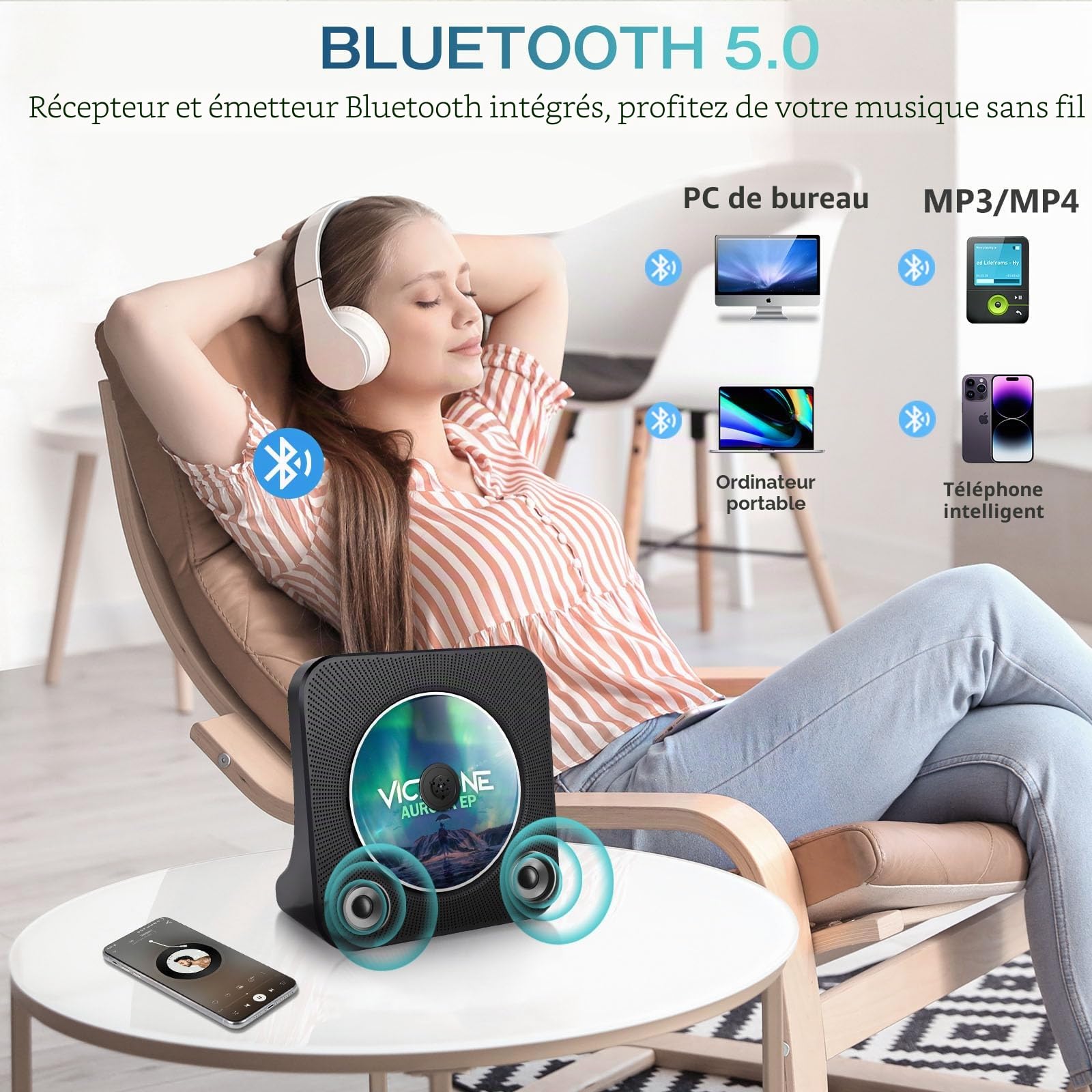 Lecteur CD Bluetooth avec Design Bureau, Lecteur CD Radio Portable avec Double Haut-parleurs & minuterie, Supporte entrée AUX/USB, Radio FM, Prise Casque, Transmission Bluetooth, écran LCD
