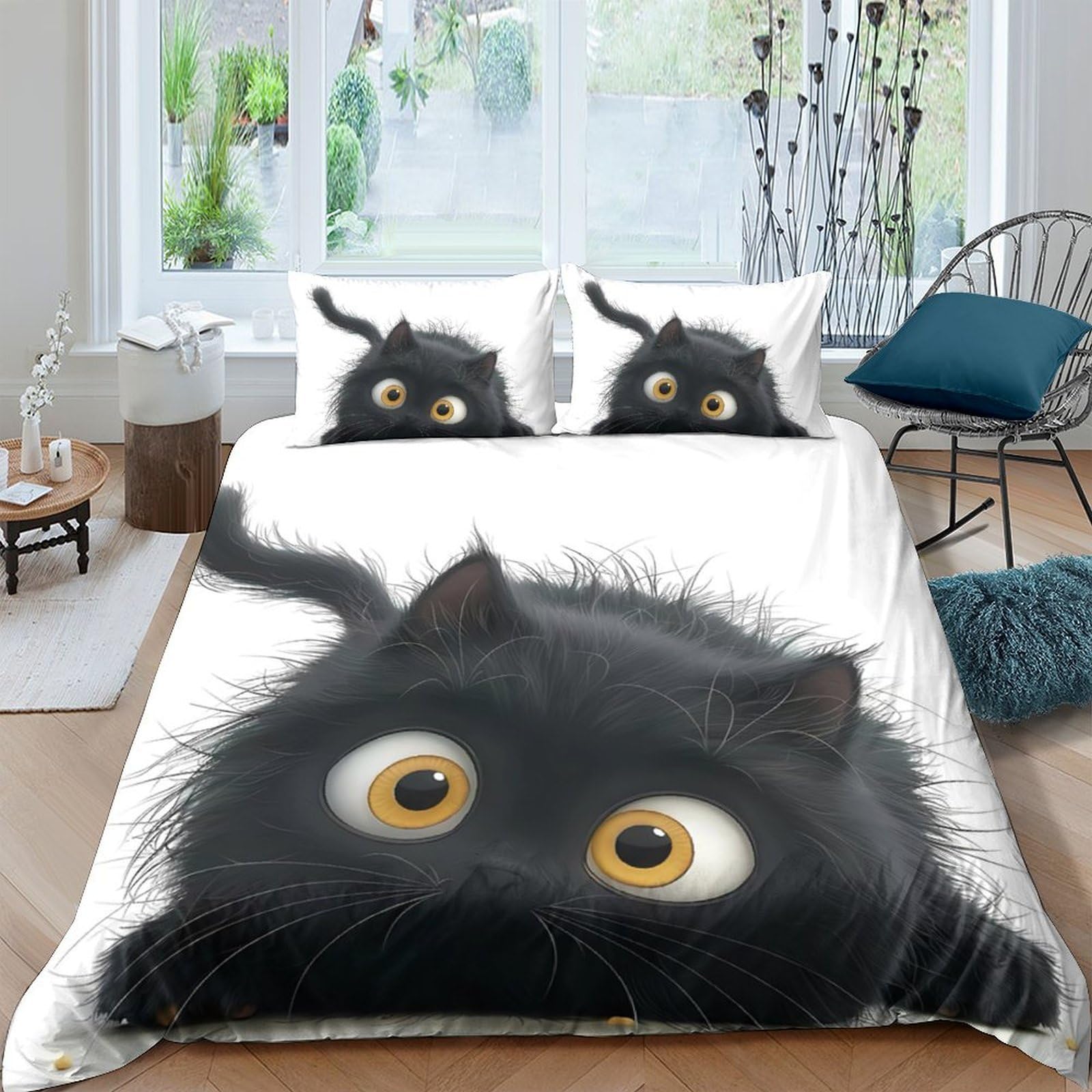 Ctjqhvkz Style-3 3D Printed Black Fluffy Cat Fitted Sheet Microfiber Soft Bedroom Decor Cartoon Eyes Mattress Cover For Home Dorm Single（135X200cm）