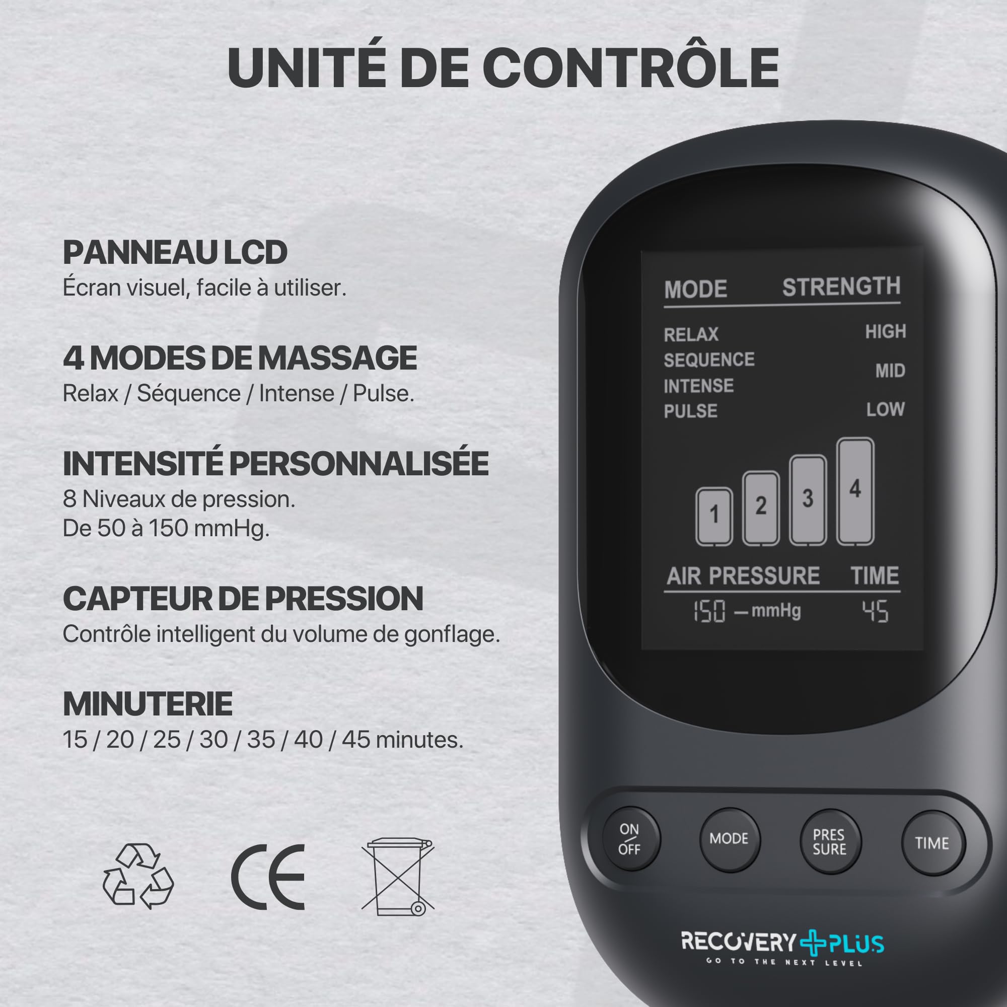 RECOVERY + PLUS GO TO THE NEXT LEVEL Masseur de jambes pour pressothérapie à domicile Machine de pressothérapie Masseur de pieds