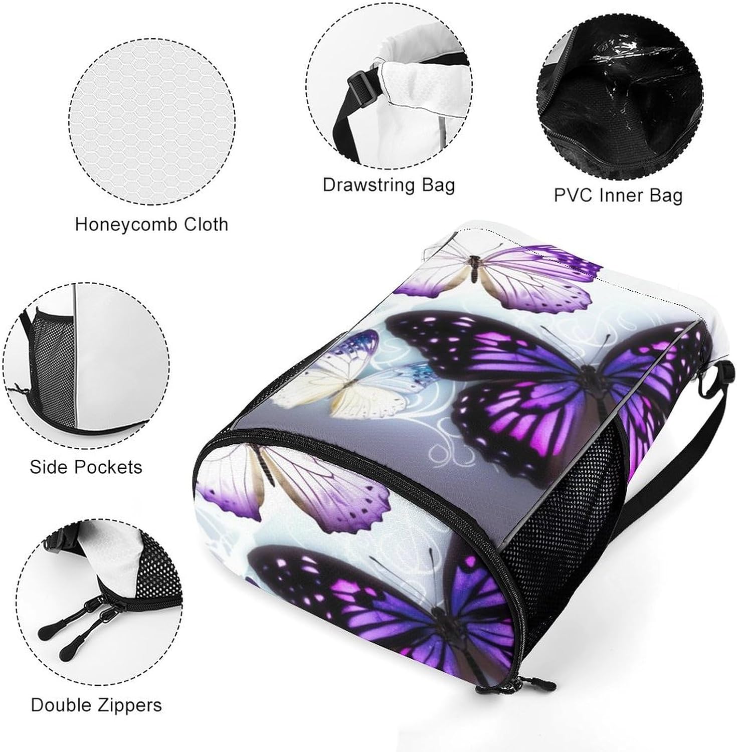 Small Gym Bag White Purple Butterflies Printed Drawstring Gym Bag for Men Lightweight Waterproof Drawstring Backpack for Women with Shoe Compartment for Travel Tourism Work And Fitness