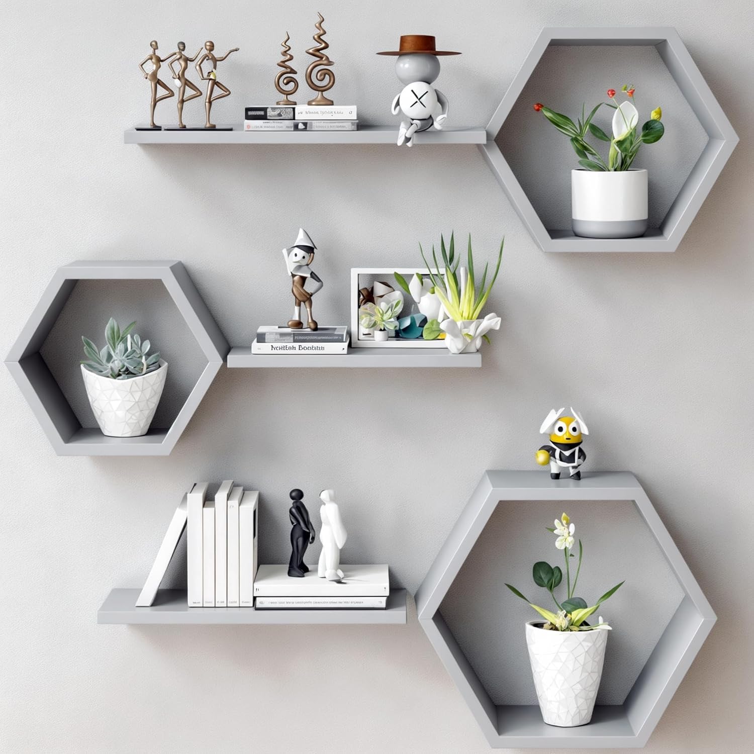 Dream Decor Shoppee Engineered Wood Woden Hexagonal Shape Wall Hanging Rack Floating Shelves for Display for Photos,Plants Living Room, Bedroom,Bathroom, Kitchen, Office (Grey)-image-5