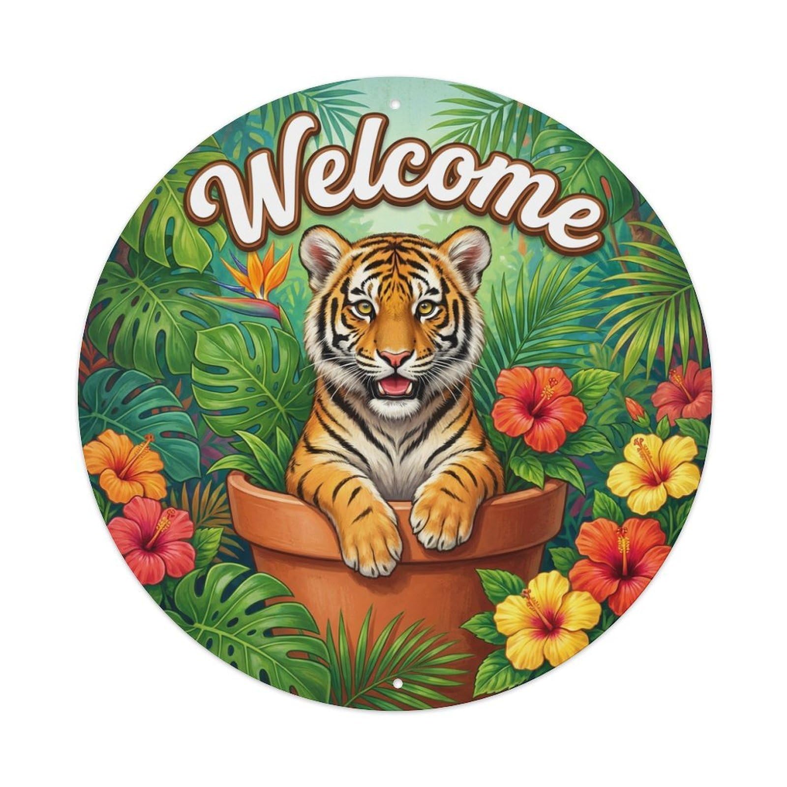 Metal Tin Sign Welcome Tiger Tropical Garden