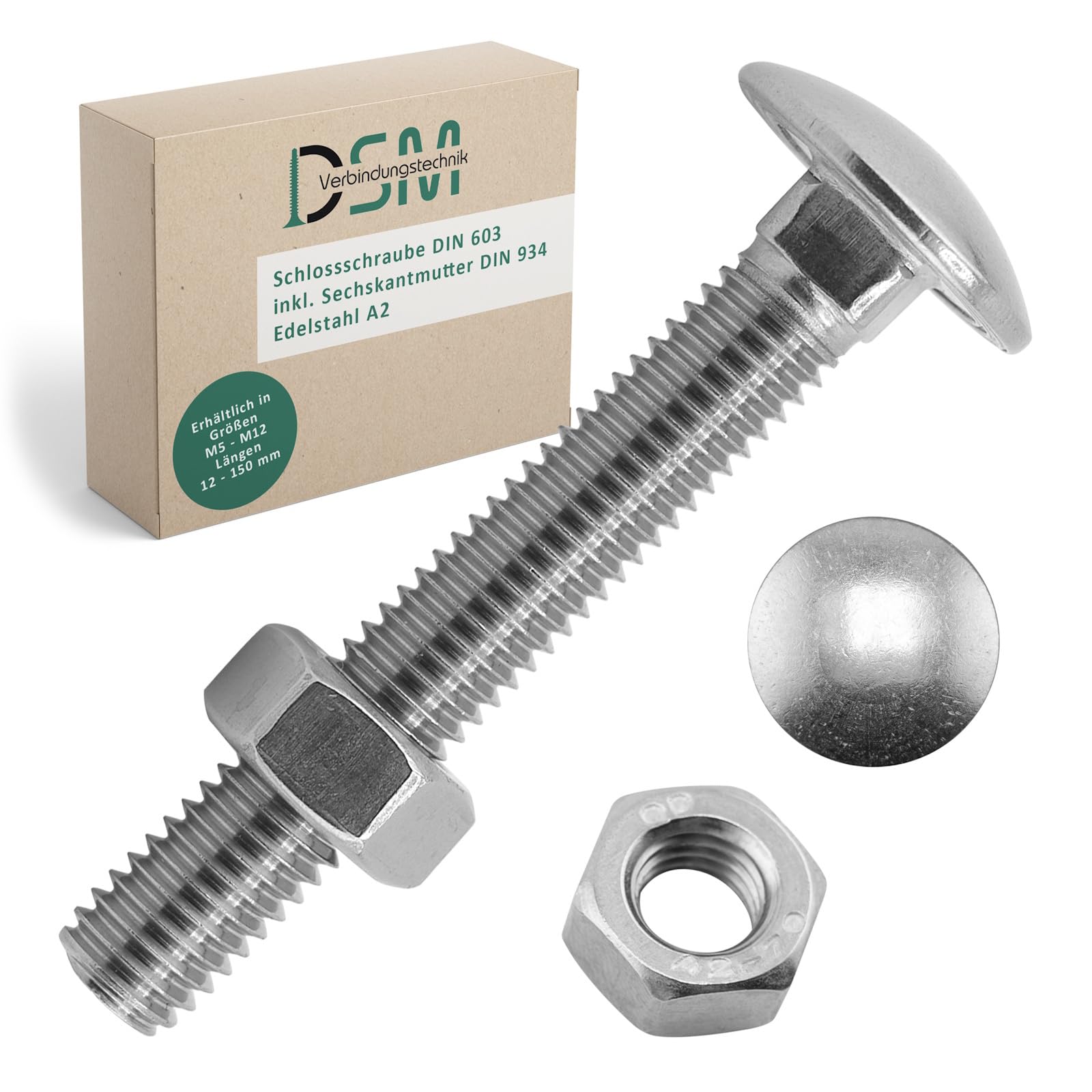 DSM – Lot de 100 boulons de carrosserie M6 x 70 mm DIN 603 – Avec écrou hexagonal DIN 934 – Inox A2/V2A – Vis TRCC à corps fileté