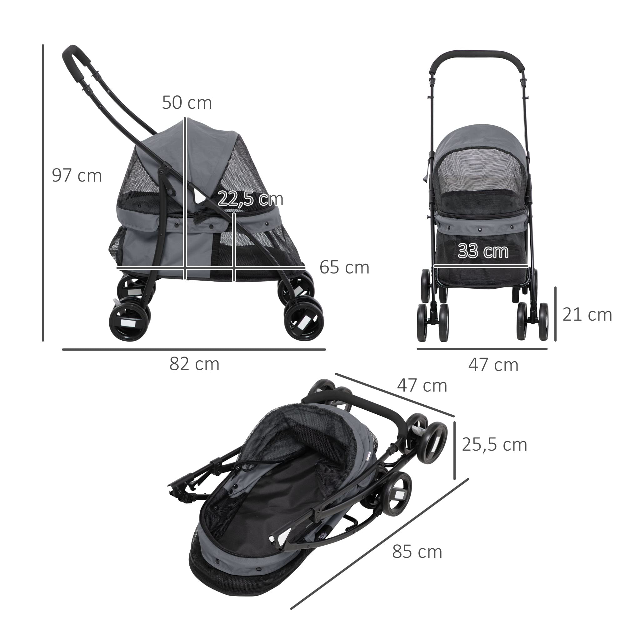 PawHut Carrito para Perros Plegable Cochecito para Mascotas Cochecito para Perros Pequeños con Ventanas de Malla Cojín Lavable Correas de Seguridad y Marco de Acero Carga 10 kg Gris