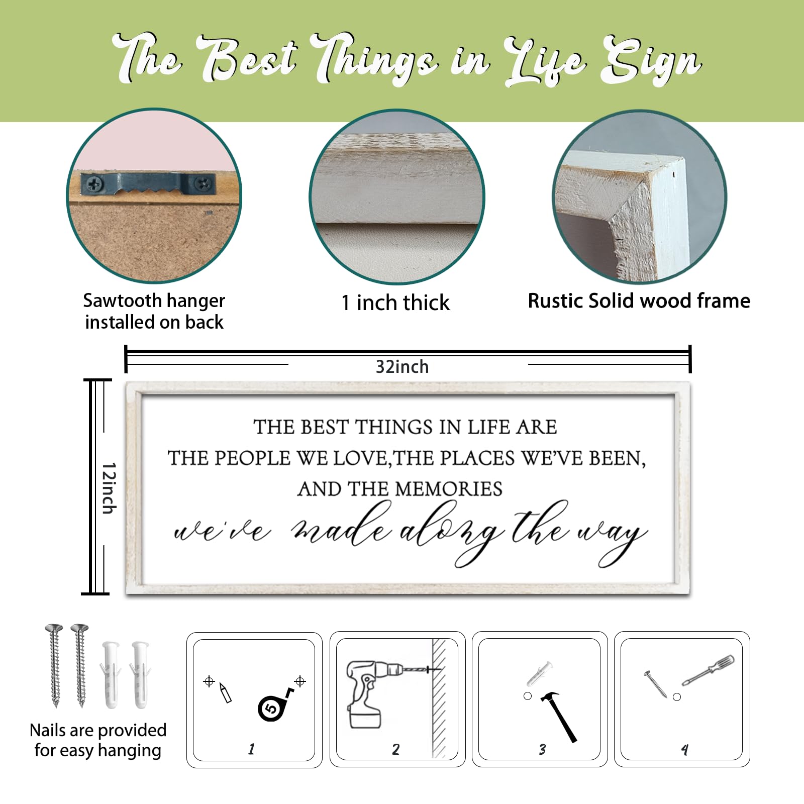 The Best Things in Life Wall Decor Sign 32" x 12" Memories Inspirational Quotes Wood Framed Family Home Wall Art Vintage Decor for Farmhouse Bedroom Room (White)