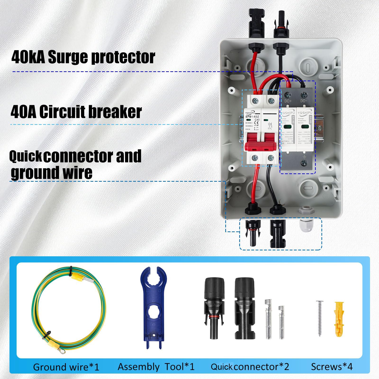 1 x 1000 V 40 A DC solarny przełącznik rozłączający puszkę łączącą z ochroną przeciwprzepięciową i złączami paneli słonecznych, wodoodporna IP65 Plug and Play