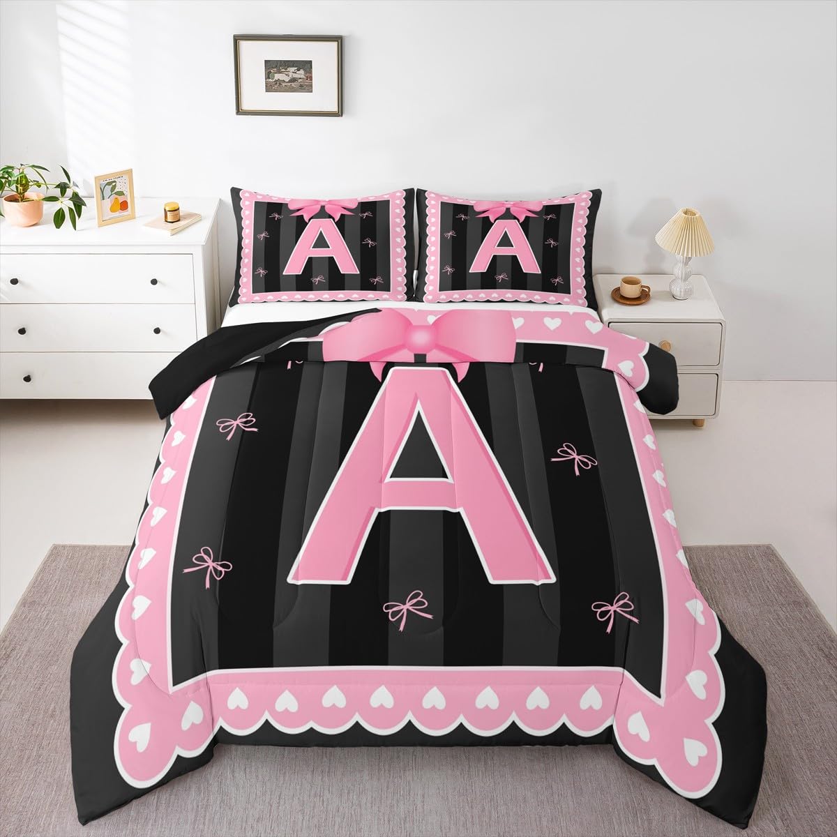 jejeloiu Kinder-Bettwäsche-Set mit rosa Schleife, personalisierbarer Buchstabe A, ultraweiche Steppdecke, Schmetterlingsknoten, Prinzessinnen-Bettdecke, Initialbuchstabe A, Schlafzimmer-Dekor