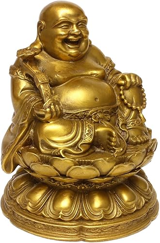 Miniatura 5 de Feng Shui Brass Maitreya Buda riendo sentado en la estatua de flor de loto regalo decorativo para el hogar