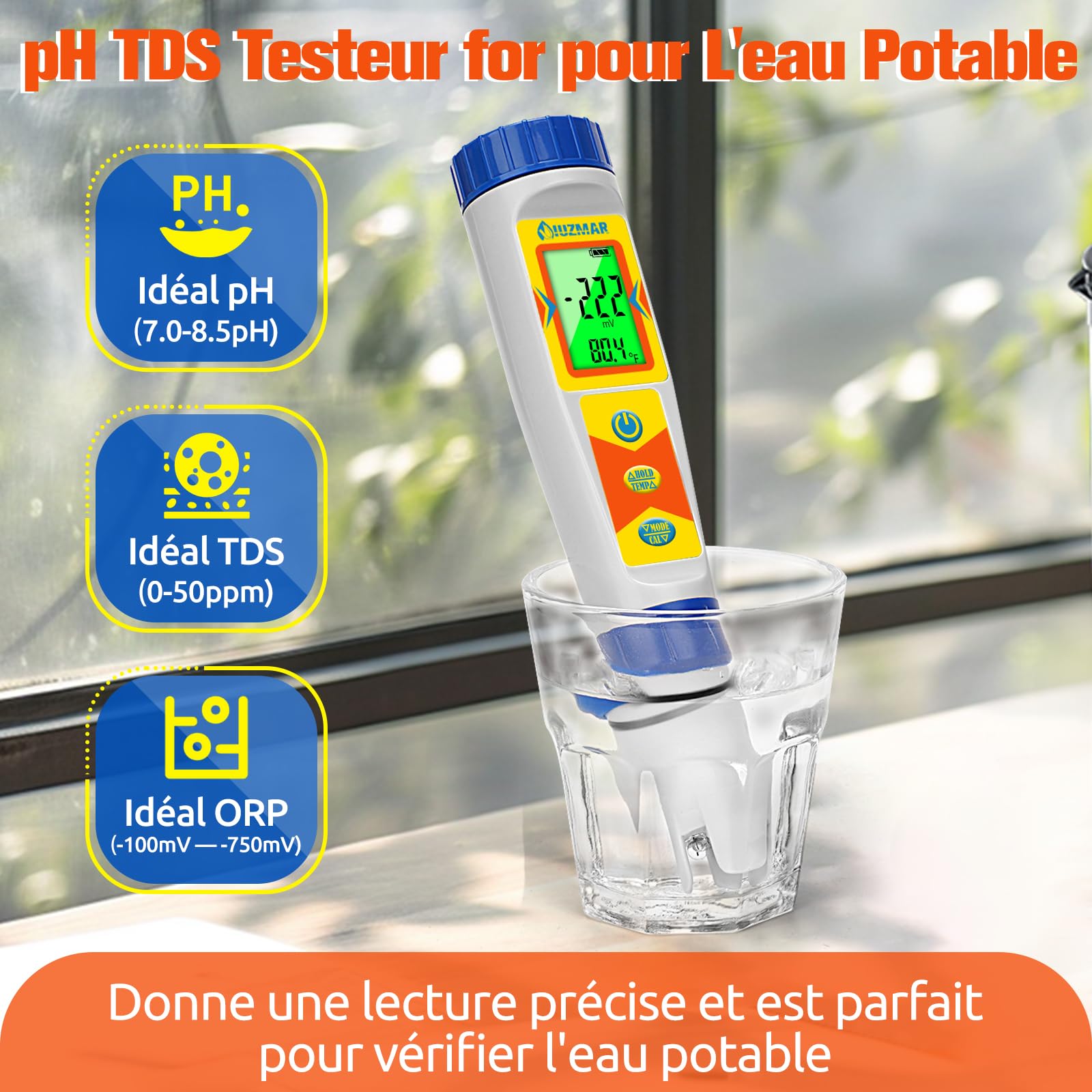 UIUZMAR Hydrogéno Mètre et pH Mètre pour L'eau Testeur de Bouteille D'hydrogène pour L'eau Potable Testeur de Qualité D'eau 6 en 1 avec Fonction ph H2 ORP TDS EC Temp pour Piscine, Hydroponie