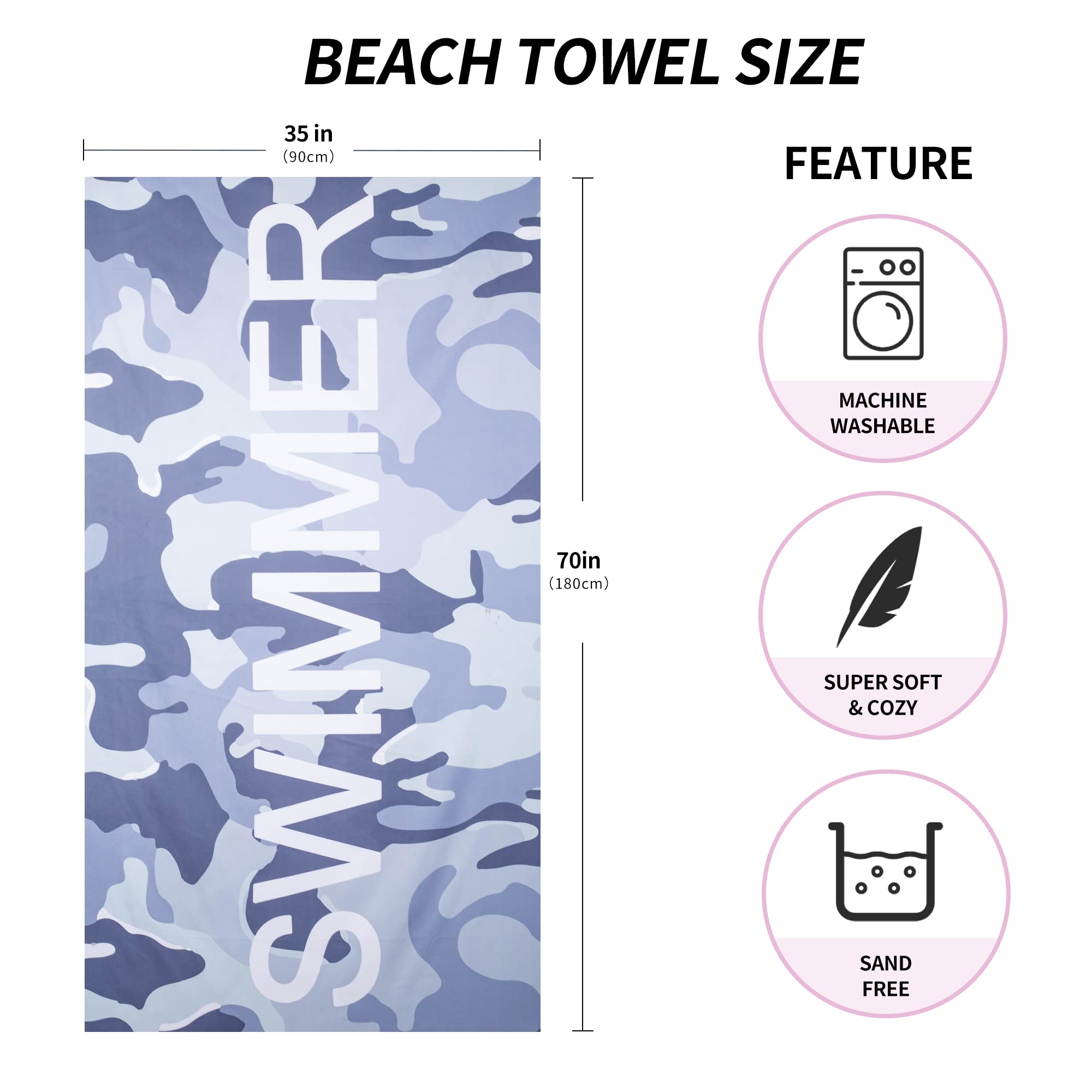 LEcylankEr Telo Mare Grande 180 * 90 cm, Microfibra, Antisabbia, Asciugamano per Sedie da Spiaggia/Piscina (Swimmer-Grigio)