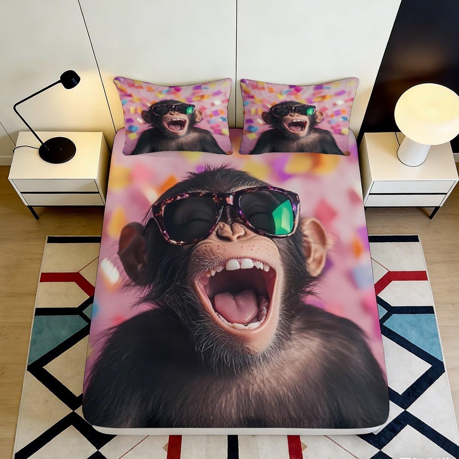 3D Printed Monkey Sunglasses Fitted Sheet Microfiber Colourful Graffiti Bed Cover for Bedroom Dorm Mattress Protection Decor 90x200x25cm