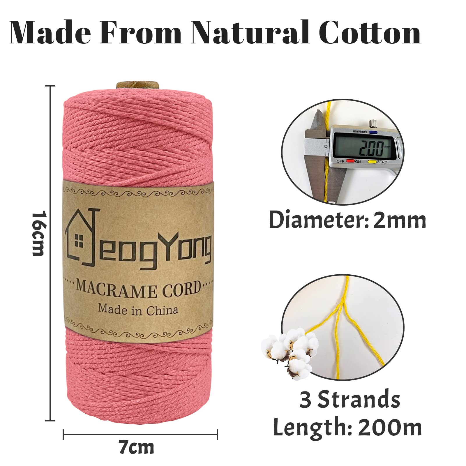 Cuerda de macramé de 0.078 pulgadas x 218 yardas, cuerda de algodón natural torcida de 3 hebras, cuerda de algodón de color para colgar plantas, colgar en la pared, tejer, manualidades, color 2