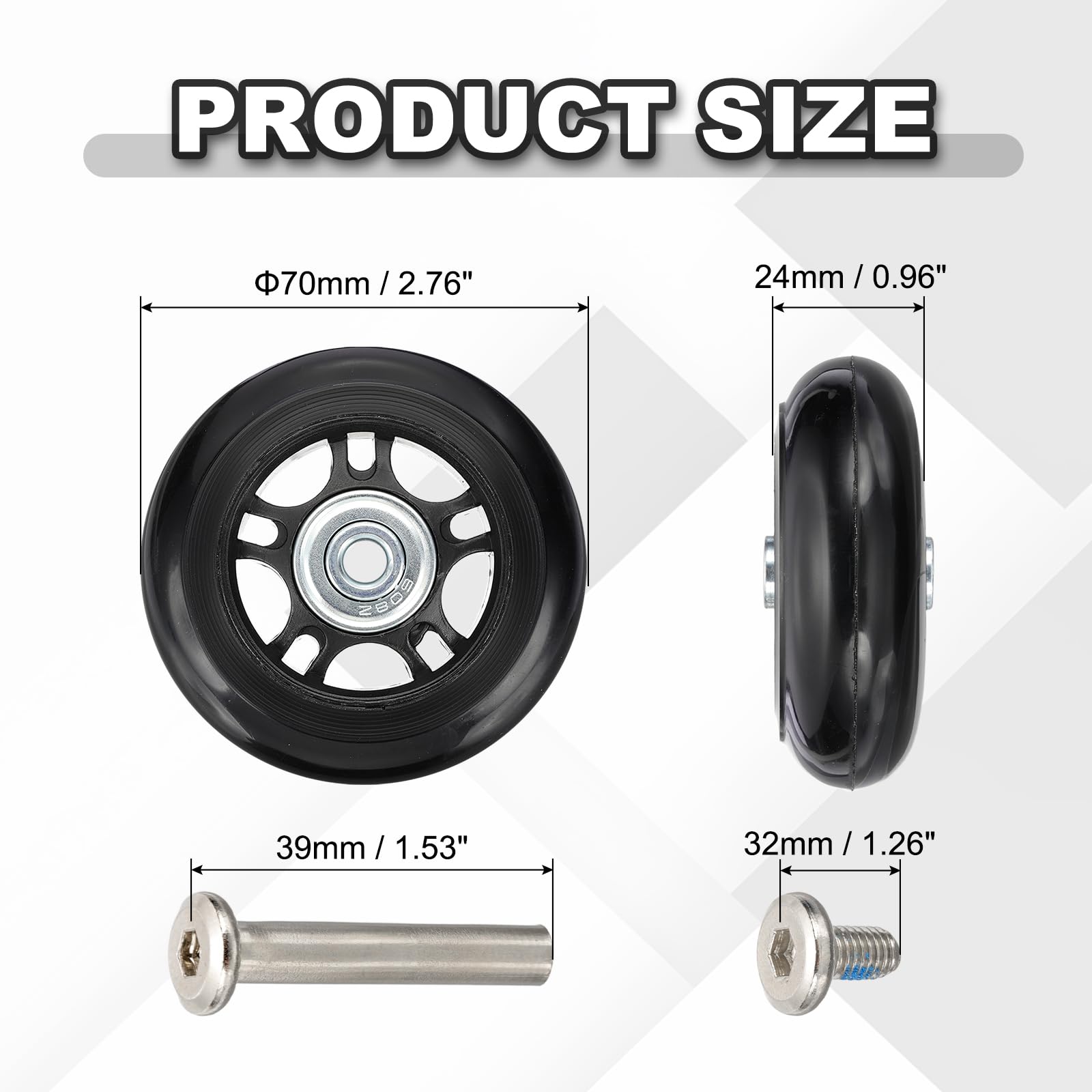 MECCANIXITY Luggage Wheels Replacement 70x24mm PU Suitcase Wheels Repair Kit Smooth Trolley Replacement Swivel Caster for Inline Skate Trolley Bag (Black, Pack of 2)