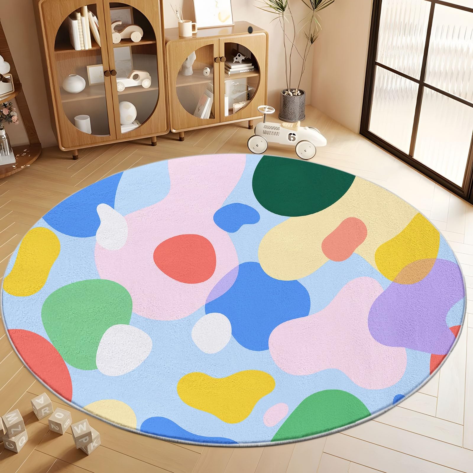 Waschbare Runde Teppiche 100 cm, Farbenfroh Unregelmäßig Geometrisch Rutschfester Runder Teppich für Wohnzimmer - Dynamisches Design Weicher Niedrigfloriger Teppich für Unter den Esstisch Kinderzimmer