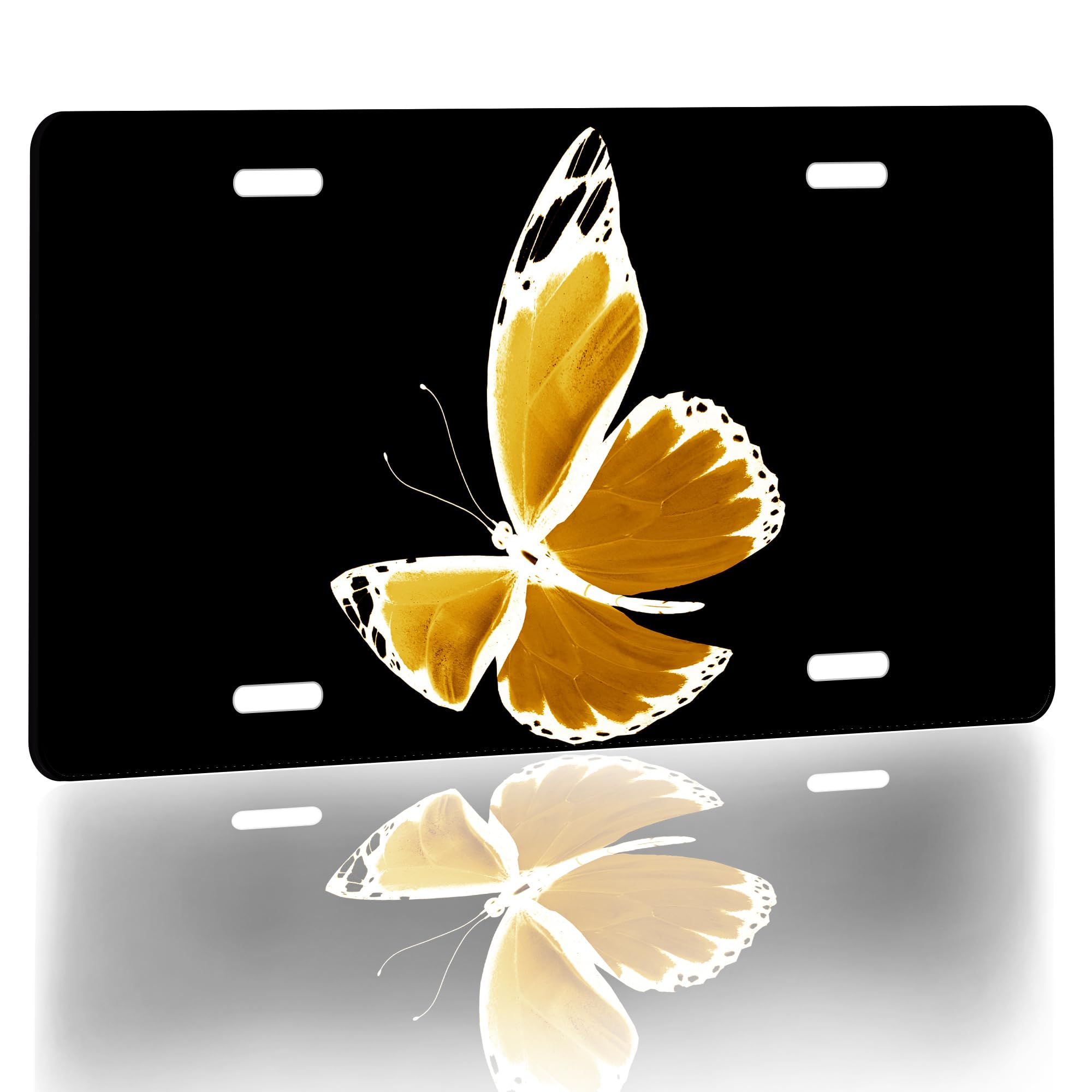 Golden Butterfly on Black License Plate Cover, License Plate Funny for Car Decoration Vanity Aluminum Tag Fits Any Standard US Holder 6" X12” Gifts for Men Women