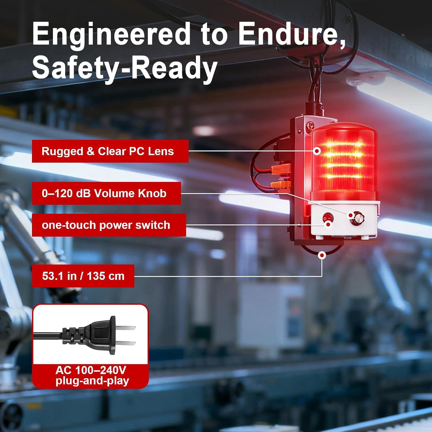 Industrial LED Rotating Warning Siren Light, Red 0–120 dB with Buzzer, 100–240V AC Wide Voltage, 4W ABS IP65 Waterproof Strobe, Bolt Mount Alarm Sign Light for Traffic, Construction, Factory (RED)
