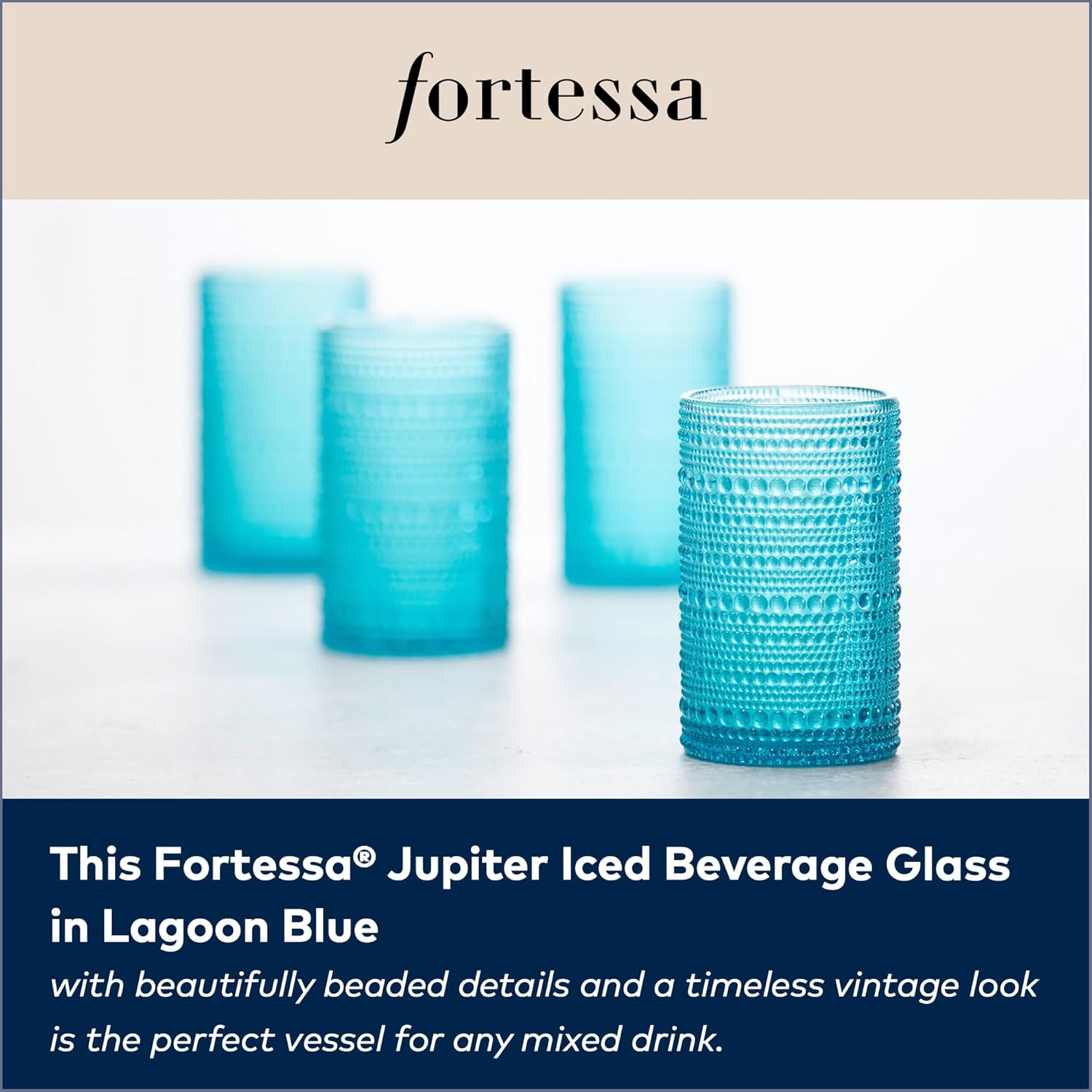 Fortessa Jupiter Beaded Hobnail Glass, 13 Ounce Iced Beverage (Set of 6), Lagoon Blue