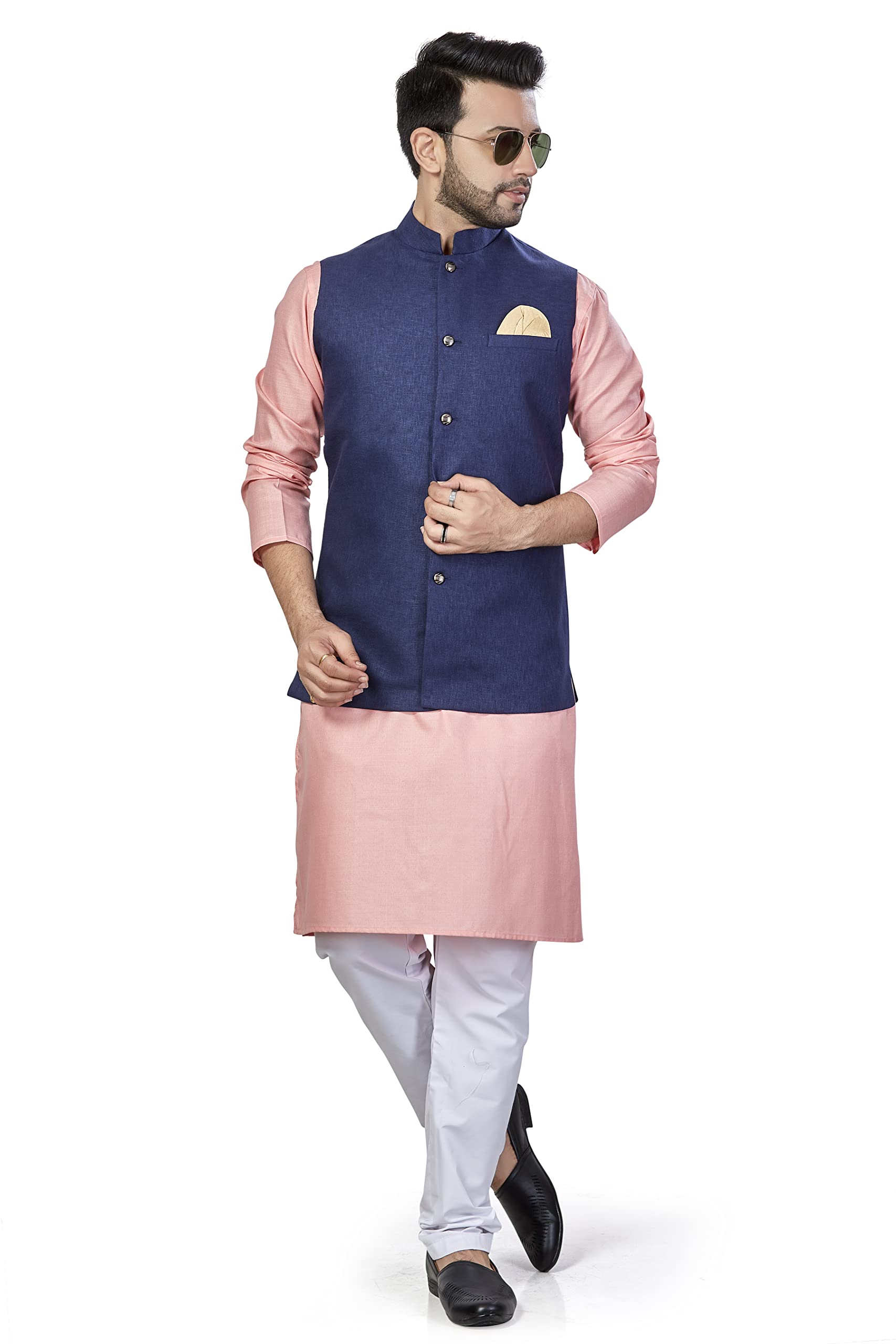Be Active Men's Solid Linen Blend Kurta Pyjama 3 Piece Set || Men Kurta Pajama With Modi Jacket || Kurta Pajama Nehru Jacket For Men (Rfset0001-4-L)