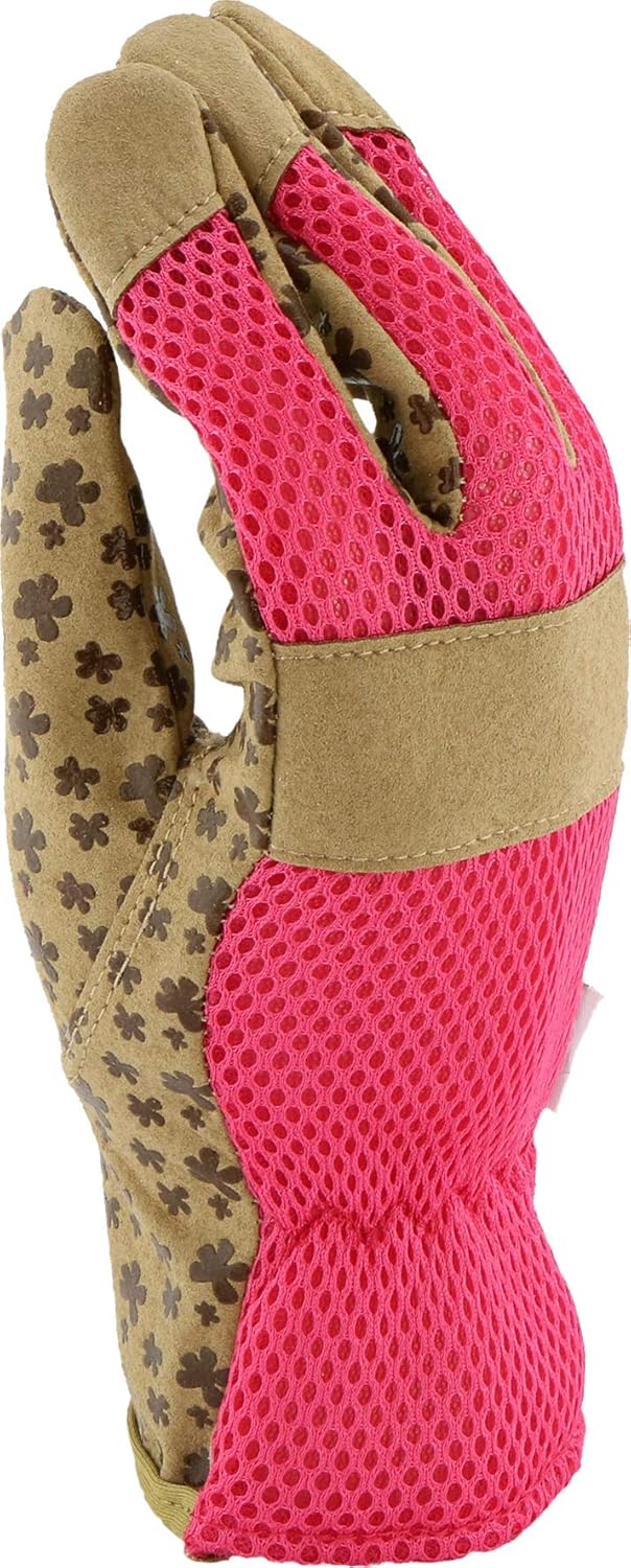 Miracle-Gro MG23077 Performance Grip Gloves - [1Pair, Medium/Large] Tan Synthetic Leather Gloves with Shirred Elastic Wrist, Silicone Flowers on Palm