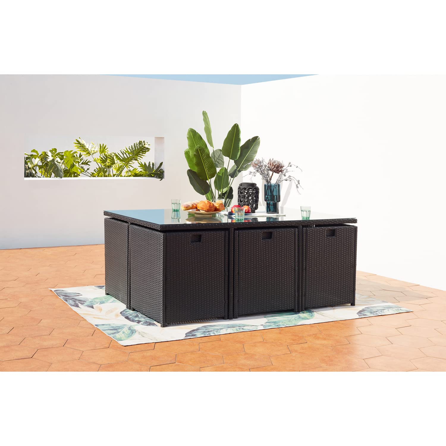 CONCEPT USINE Salon de Jardin Encastrable Miami Noir Coussins Noirs 6 Pers