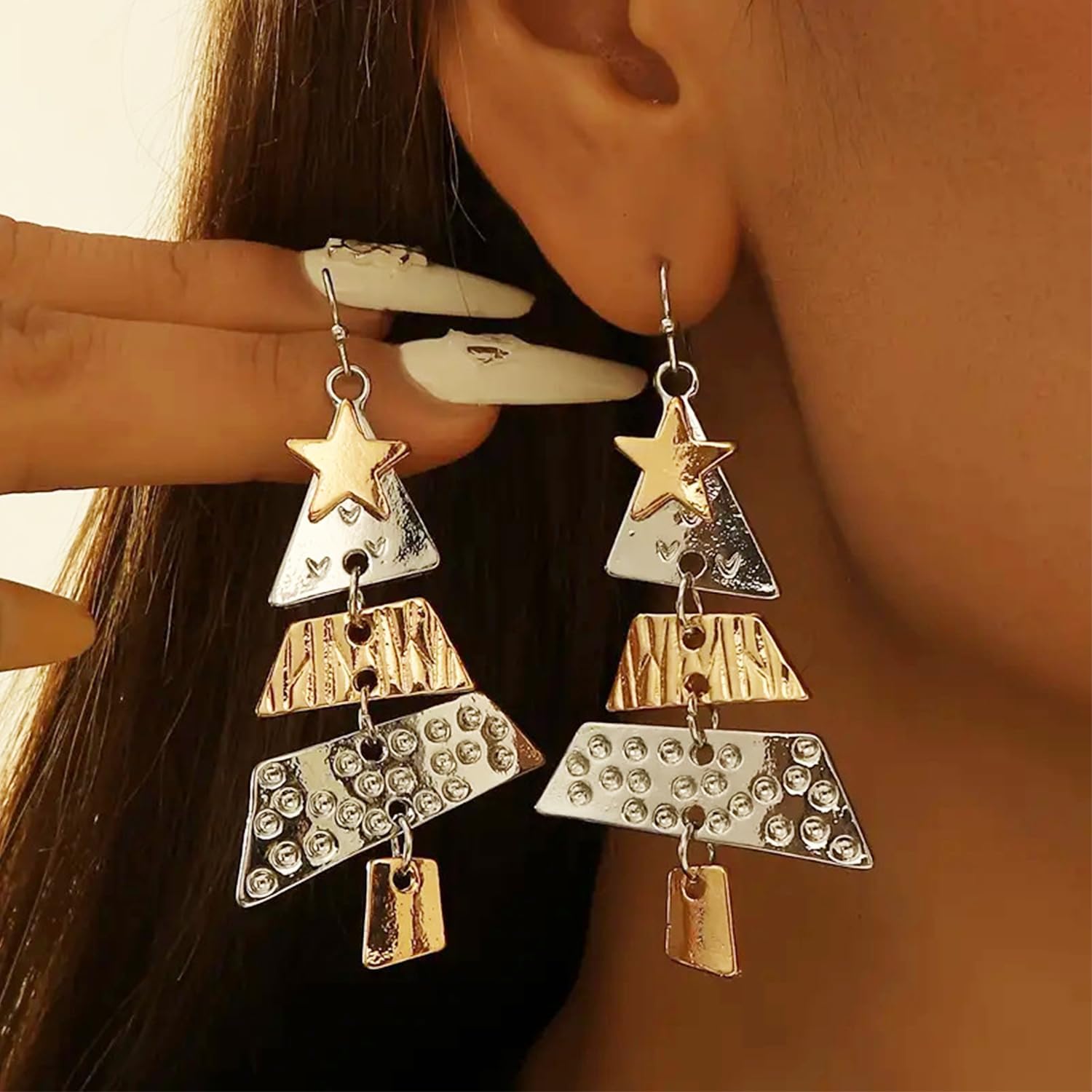Christmas Earrings for Women Metal Star Christmas Tree Long Earrings Layered Christmas Tree Drop Dangle Earrings Xmas Tree Earrings Jewelry for Festival New Year Party - Image 2