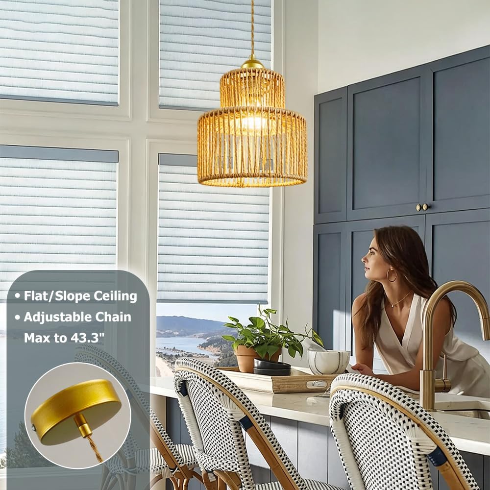 7.9″ Rattan Pendant Light Fixture Boho Woven Chandelier Ceiling Pendant Light Round Adjustable Hanging Lamp for Dining Room Kitchen Island Hallway Bedroom