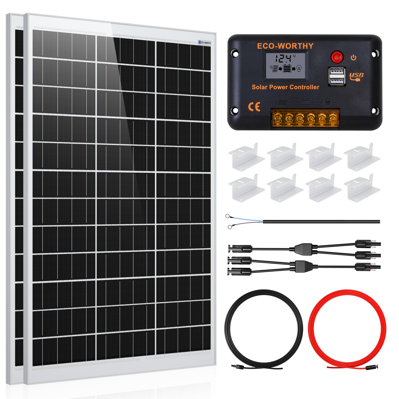 ECO-WORTHY Solar Panel Kit 240W 12V System Power 1kWh/Day Off-Grid for Motorhome Car Boat Camping Shed:2pcs 120W Mono Solar Panel + 30A PWM Solar Charge Controller + Z Brackets+ Solar Extension Cables