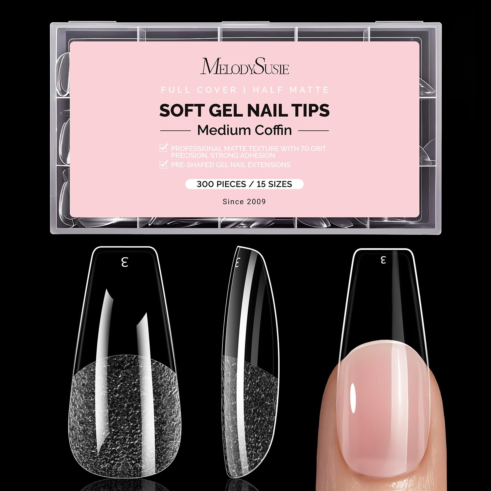 MelodySusie Nail Tips - 300 Stück Soft Nageltips für Gelnägel, Full Cover Press On Nails, 15 Größen Vorgeätzt Nagelspitzen für Nagelverlängerung, Nagelkunst, DIY Nagelstudio
