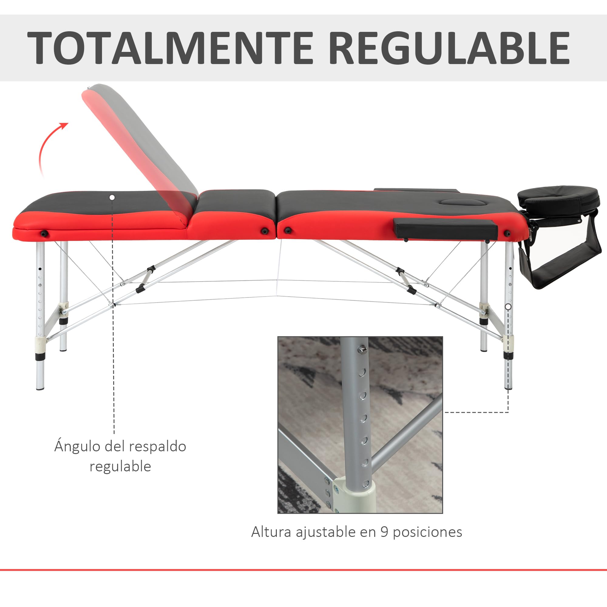 HOMCOM Camilla Masaje Plegable, Camilla Estética Profesional de Aluminio con Altura Ajustable, 3 Zonas, Reposacabezas, Reposabrazos, para Tatuaje, Fisioterapia, Negro y Rojo