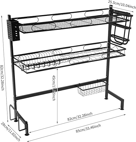 Miniatura 8 de Escurridor de platos sobre el fregadero, estante de cocina de 2 niveles de acero al carbono completo con 8 ganchos, estante multifuncional que