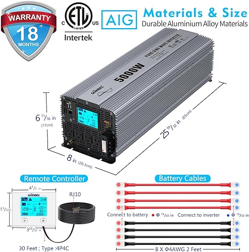 Miniatura 7 de GIANDEL Inversor de corriente de onda sinusoidal pura de 2000 W CC 12 V a CA 120 V con un bloque de terminales de cable duro y pantalla LCD grande,