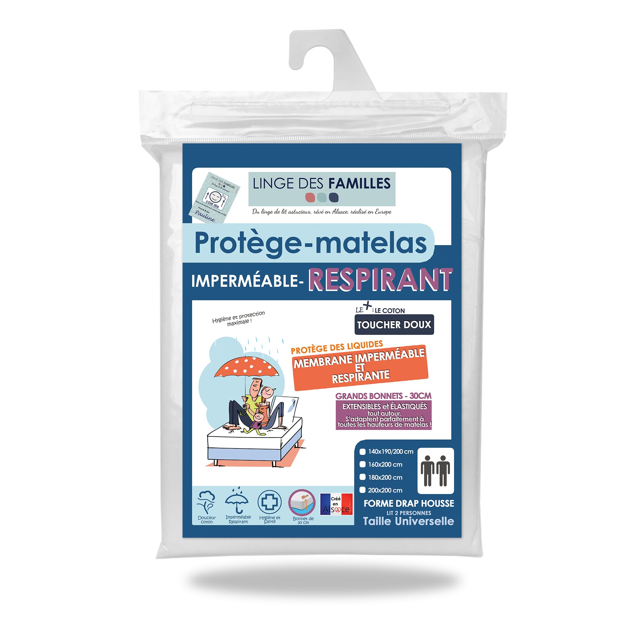 Linge des Familles – Protector de colchón 160 x 200 cm – Impermeable y transpirable – Grandes gorros – Forma sábana bajera – Certificado OkTex ®
