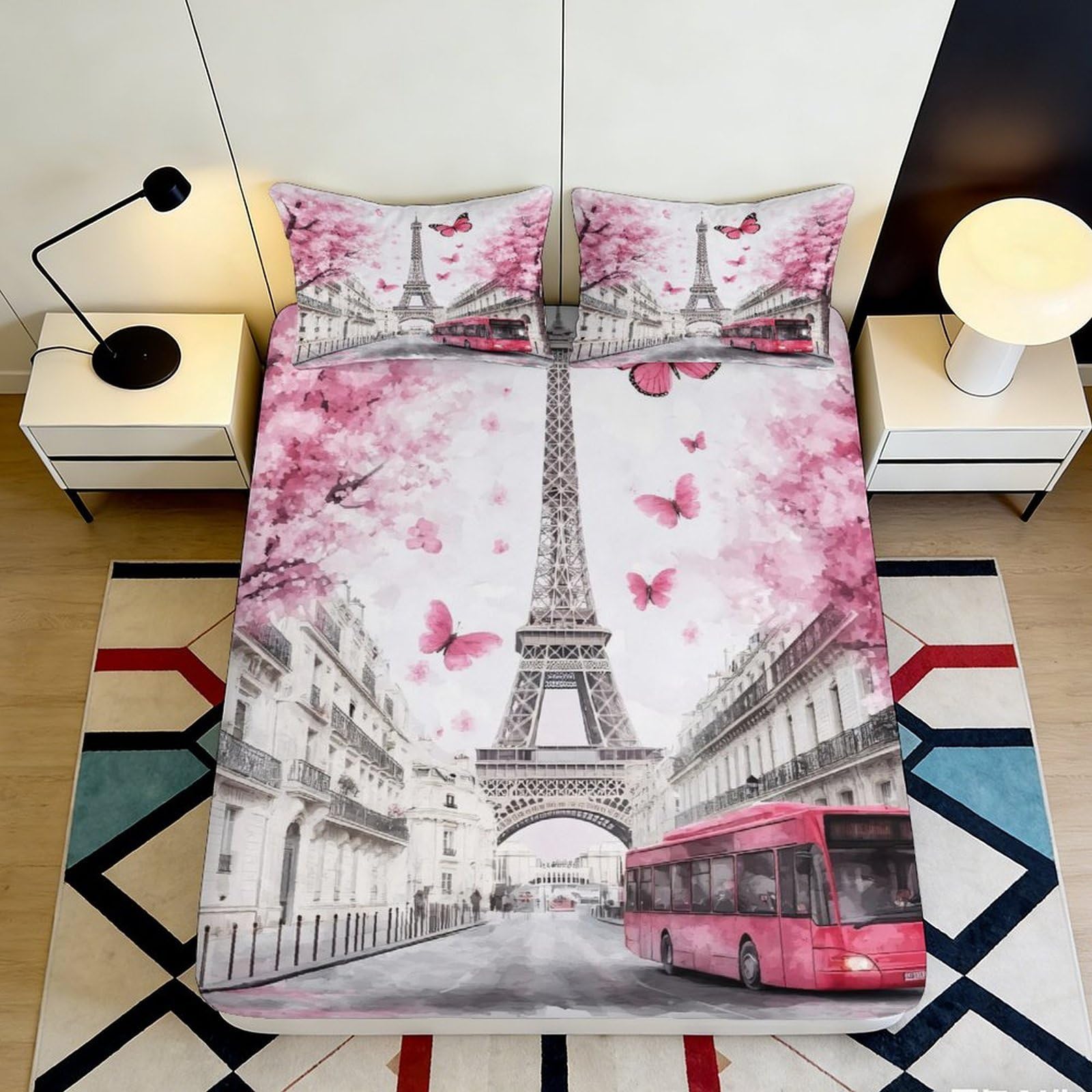 3D Printed Eiffel Tower Fitted Sheet Microfiber Pink Butterfly Bed Cover for Bedroom Guestroom Dorm Decor Mattress Protection 90x200x25cm