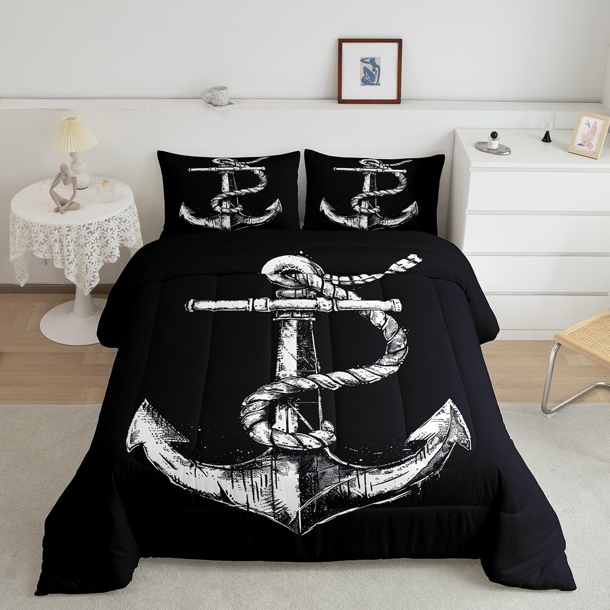 Feelyou Kids Adult Nautical Anchor Bedding Set Toddler Size,Coastal Ocean Anchors Comforter Set,Boys Girls Bedroom Room Decor,Sail Boat Anchor Comforter,Anchor Bed Set