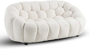 2 Seater White Boucle Sofa   Modern Round White Bubble Sofa for Living Room, Loveseat in Fluffy Sherpa/Teddy Fabric with Geometric Tufting
