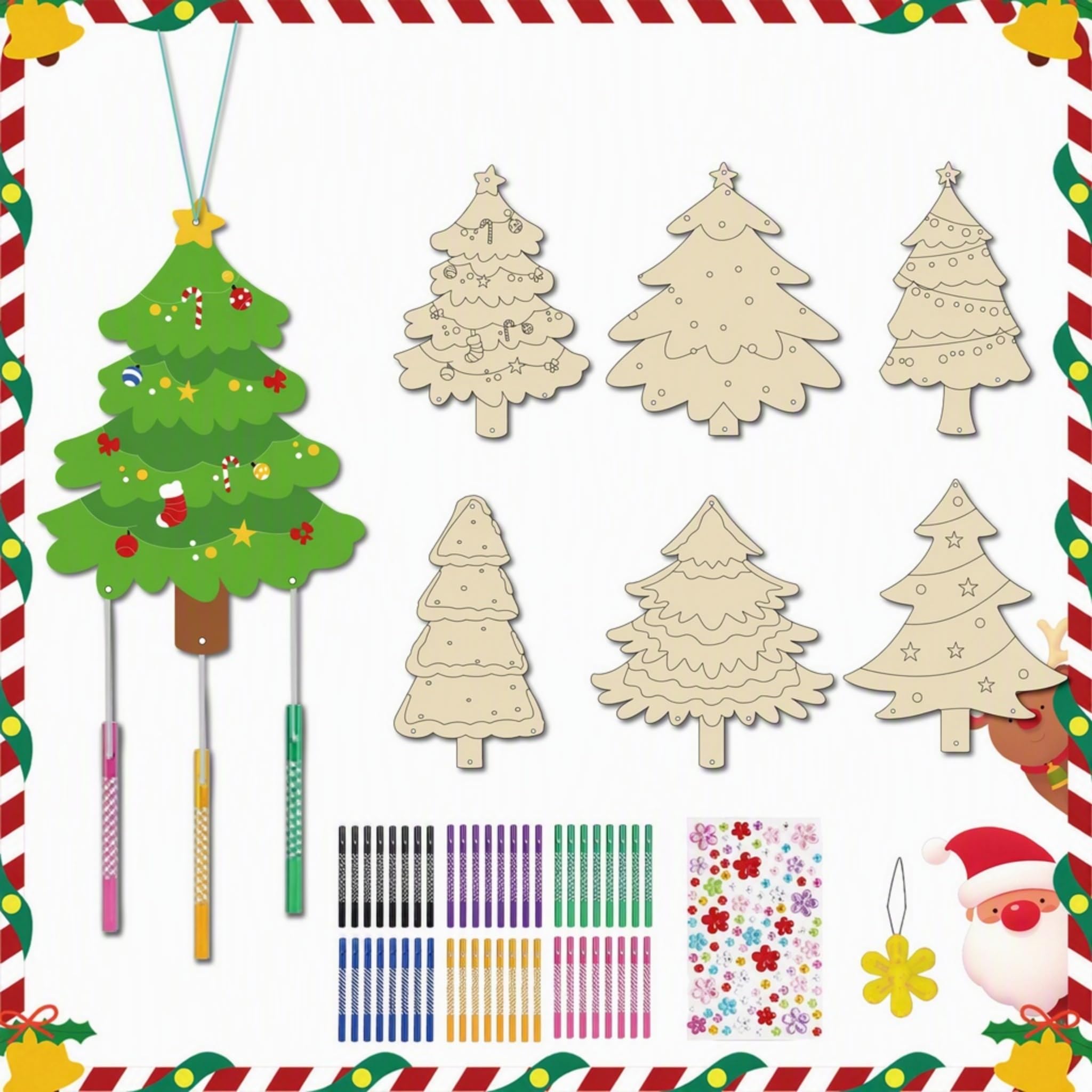 6Pcs Wooden Christmas Decorations, Coloring Christmas Crafts Wind Chimes