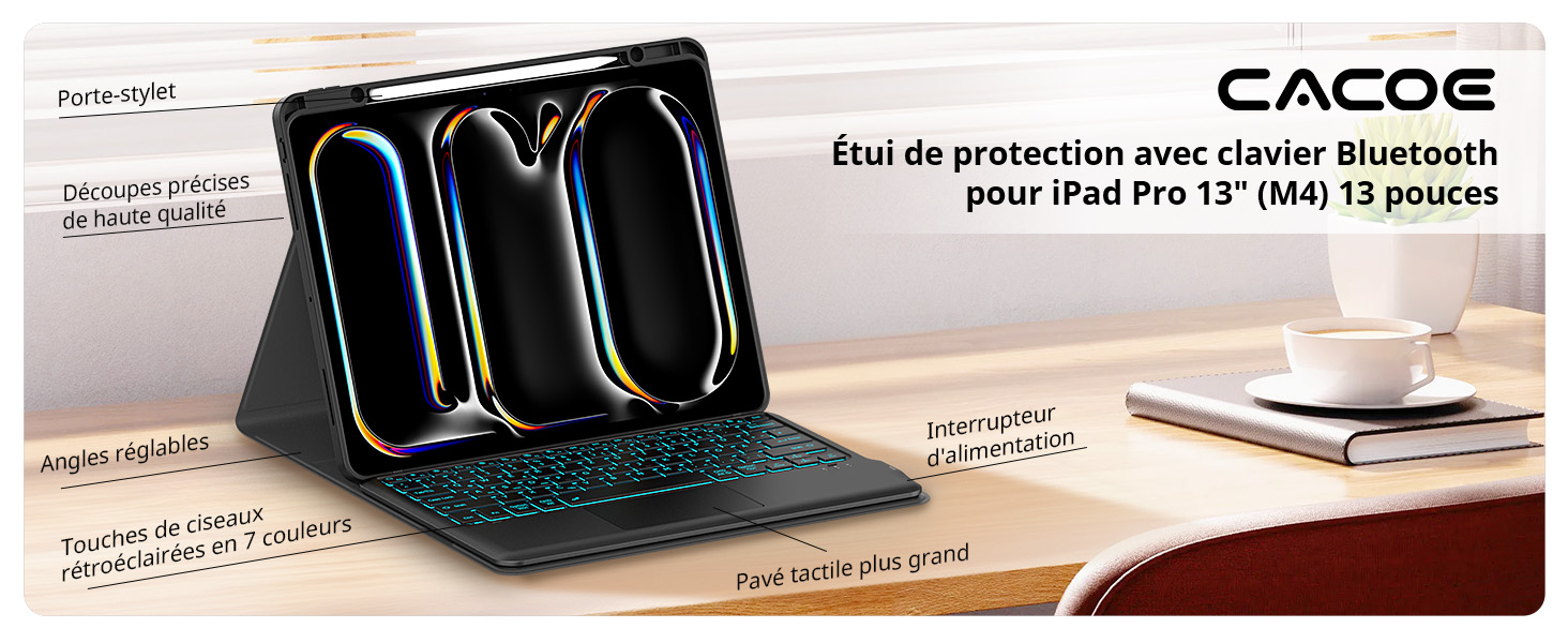 Étui Clavier Pour IPad Pro 13" (M4 2024) - AZERTY, Rétroéclairage 7 Couleurs, Pavé Tactile - Design Magnétique - 5